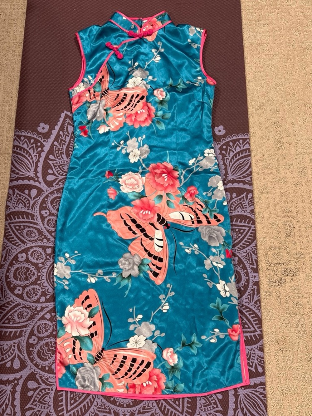 Teal Floral & Butterfly Satin Cheongsam Dress